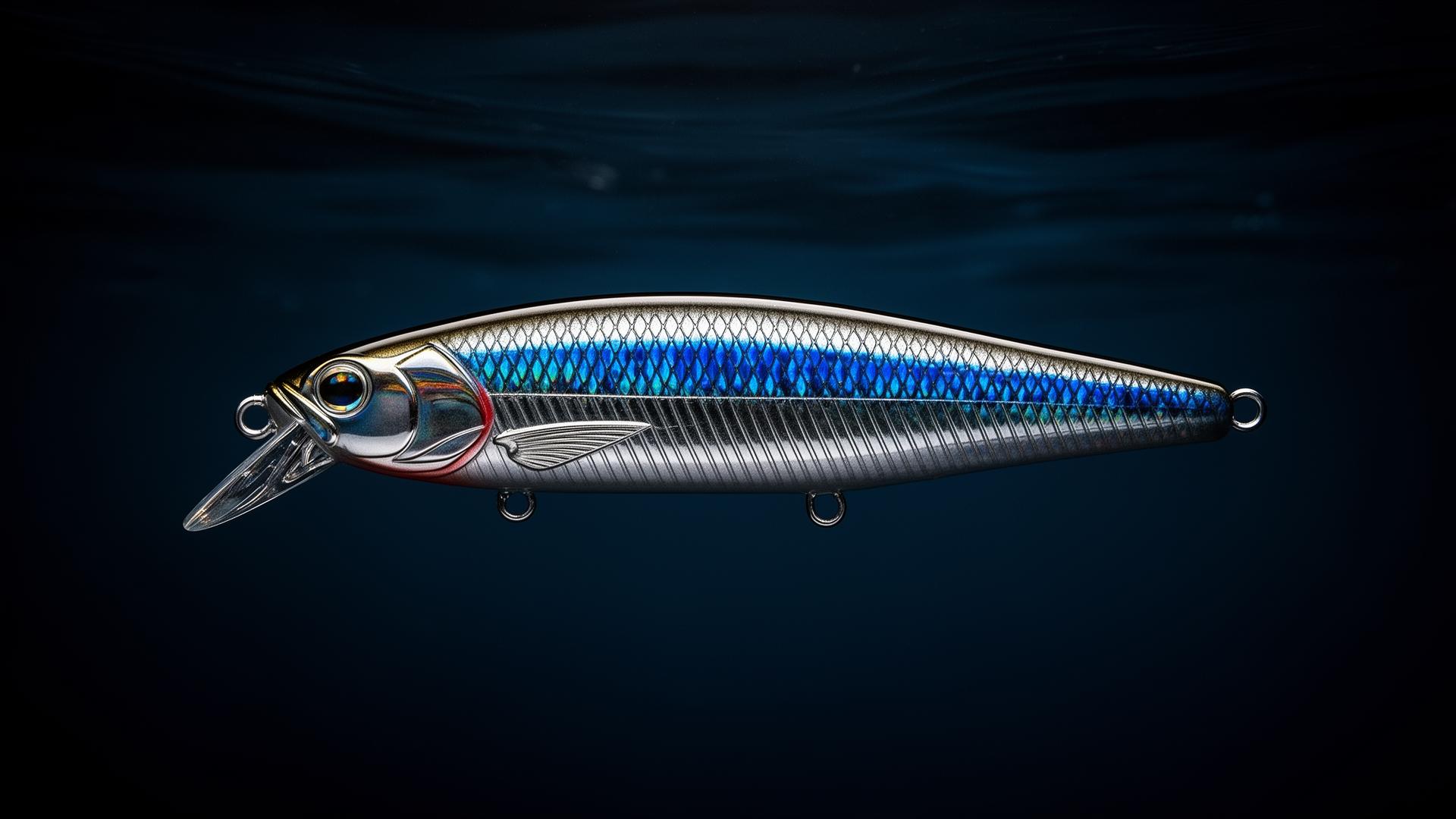 Premium chrome and holographic blue 190mm Blufins fishing lure in deep ocean water
